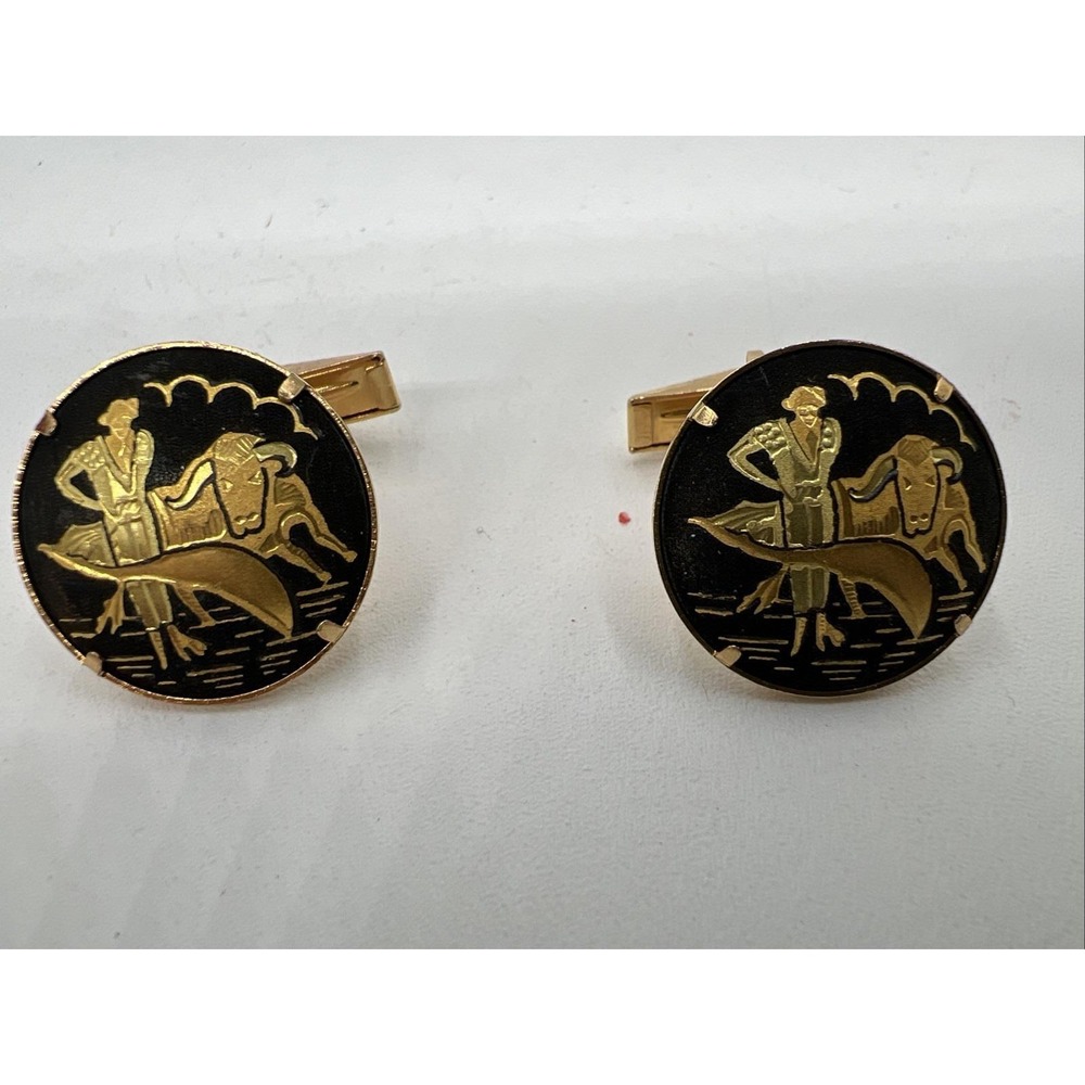 Damascene Toledo Cuff Links Etched Toreador & Bull On Black, Round Design